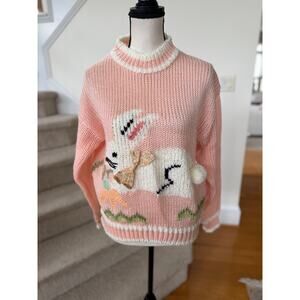 Vintage 90s Pink Hand Knit Bunny Bow Fluffy Tail Long Sleeve Crewneck Sweater